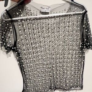 Black Pearl And Rhinestone Detail Sheer Mesh Top